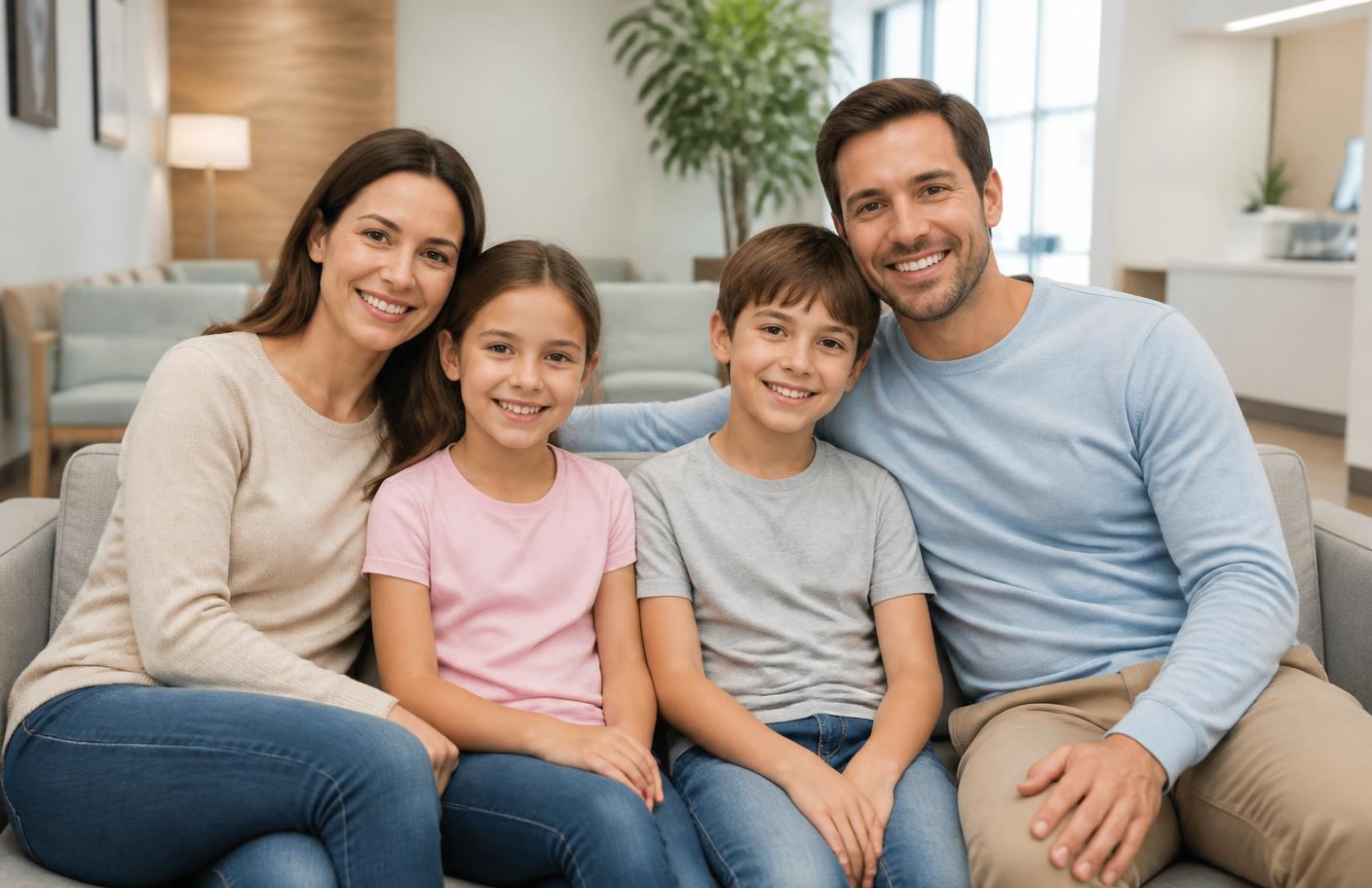 Family with two children waiting comfortably before a dental appointment